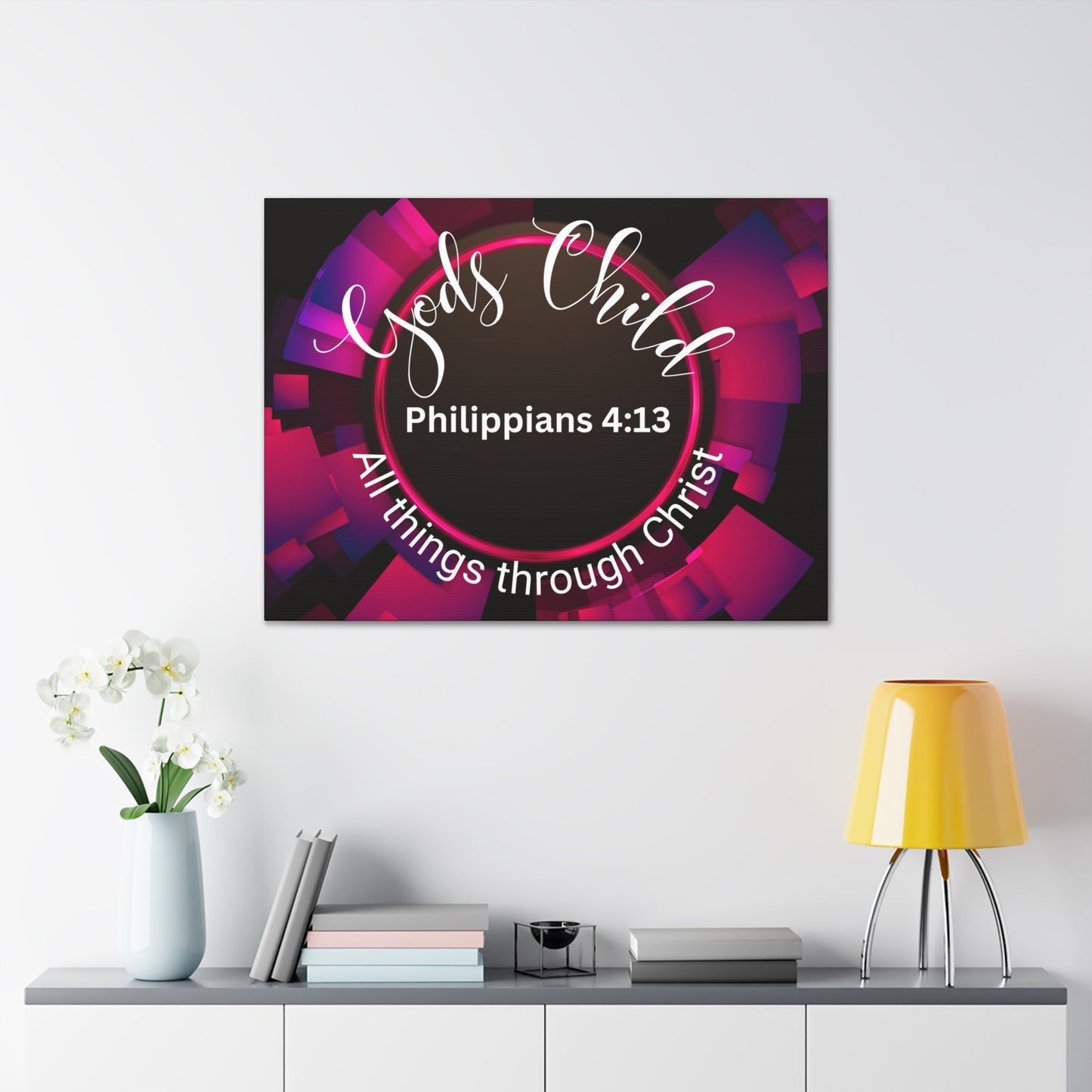 Christian Wall Art: Scripture Philippians 4:13 All thing through Christ/Gods Child (Wood Frame Ready to Hang)