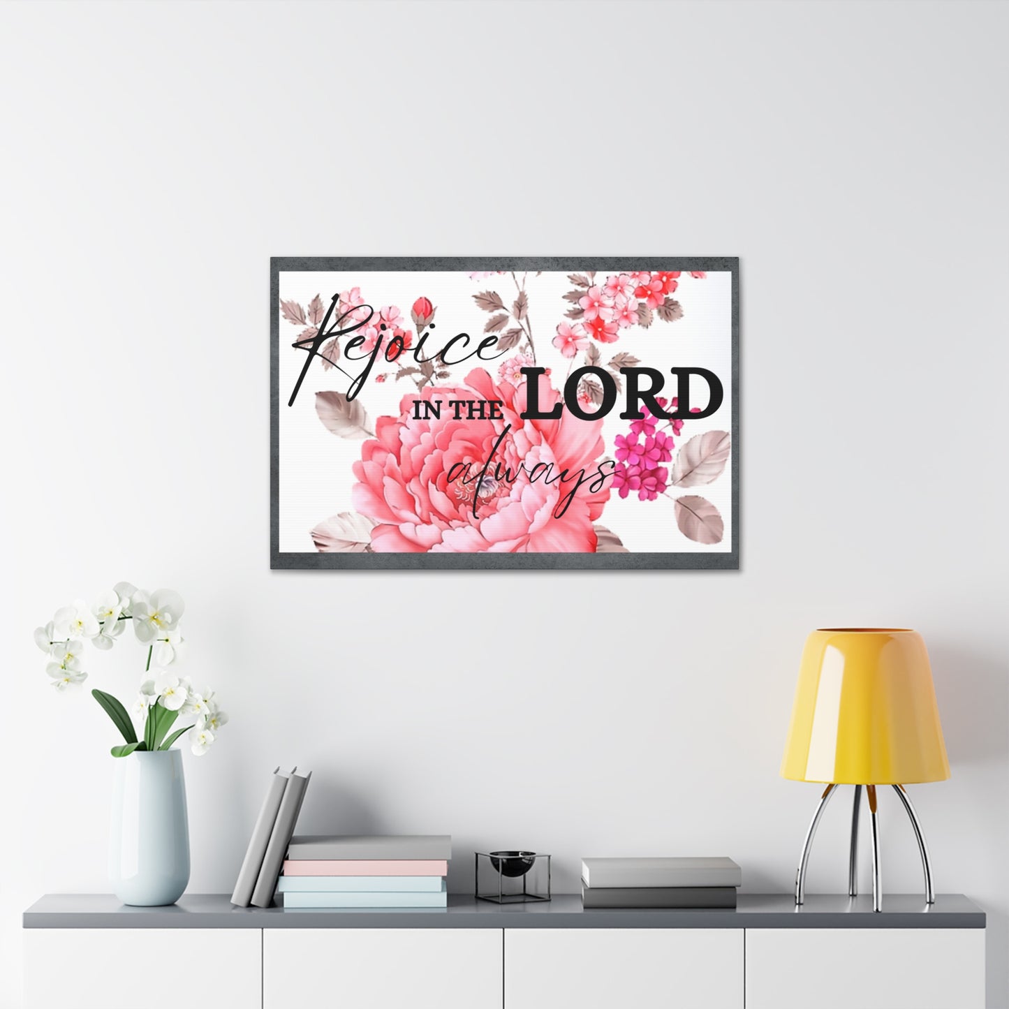 Christian Wall Art: Rejoice In The Lord (Wood Frame Ready to Hang)